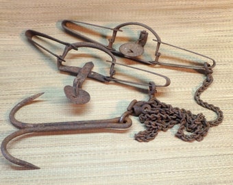 2 Vintage Animal Traps on a Chain with Drag Hook - Old Rustic - Cabin Décor