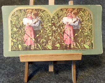 Vintage Stereoscope Card - No. 87 Coming Through The Corn - First Kiss