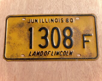 Farm License Plate - 1308 F - Black on Yellow - Dated June 1980