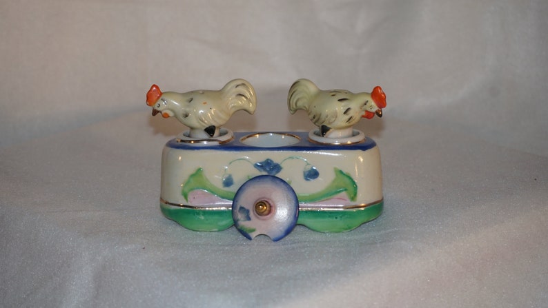 Vintage 1950/'s Nodding Hens Salt and Pepper Shaker with condiment jar made in Occupied Japan
