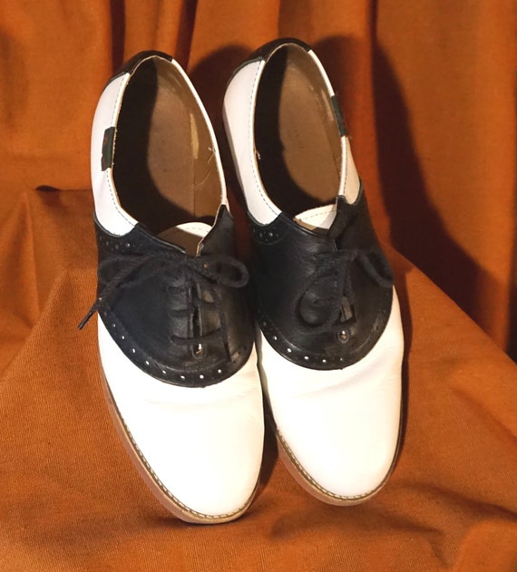 #500 High heeled BLACK and White Saddle Shoes leather 70's style wms sizes #500 High heeled BLACK and White Saddle Shoes leather 70's style wms sizes