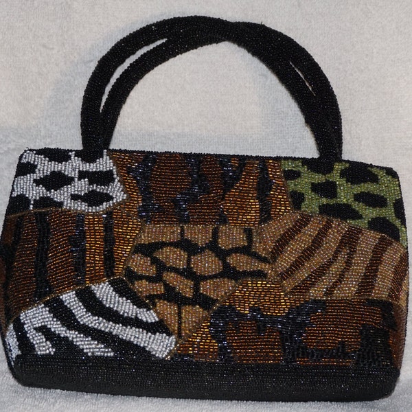 Beaded Animal Print Handbag, Tiger/Zebra/Cheetah design.