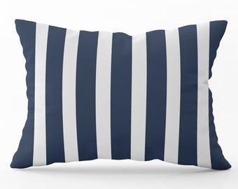 Navy Striped Outdoor Pillow, Outdoor Lumbar Pillow with Insert, Blue Outdoor Pillow, Nautical Outdoor Pillow Cover Navy and White