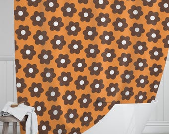 60s Shower Curtain, Daisy Pattern, Brown and Orange, (71 x 74 inch)