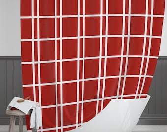 Red Shower Curtain, Checked Pattern, Modern Bathroom Decor (71 x 74 inch)