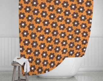 60s Shower Curtain, Daisy Pattern, Brown and Orange, (71 x 74 inch)