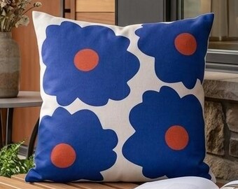 Blue Outdoor Pillow, Waterproof, Retro Daisies Pattern, 16x16, 18x18