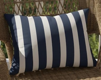 Navy Striped Outdoor Lumbar Pillow, Nautical Deck Decor