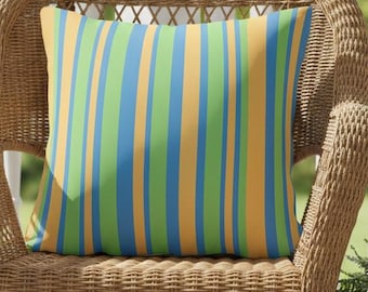 Striped Outdoor Pillow, Waterproof, Green Yellow, and Blue Pattern