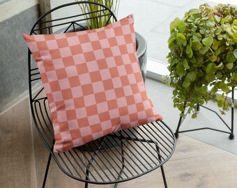 Pink and Orange Checkerboard Outdoor Pillow, Waterproof Patio Decor