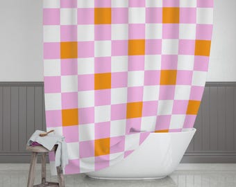 Pink Shower Curtain, Checkered Pattern, (71 x 74 inch)