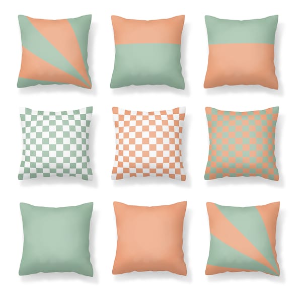 Green Throw Pillow Covers, Mint Green Cushion Covers, 14x14, 16x16, 18x18, 20x20, 26x26, Checkered Pillow Covers, Peach Throw Pillow Covers