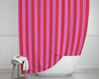 Red and Pink Striped Shower Curtain, USA Made Polyester Bath Decor