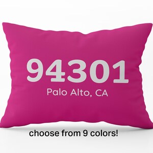 May include: Pink throw pillow with white text that reads "94301 Palo Alto, CA".