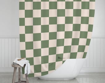 Green Checkered Shower Curtain, Boho Shower Curtain, Farmhouse Shower Curtain, Green Bath Decor, Shower Stall Curtain, Eggshell and Green