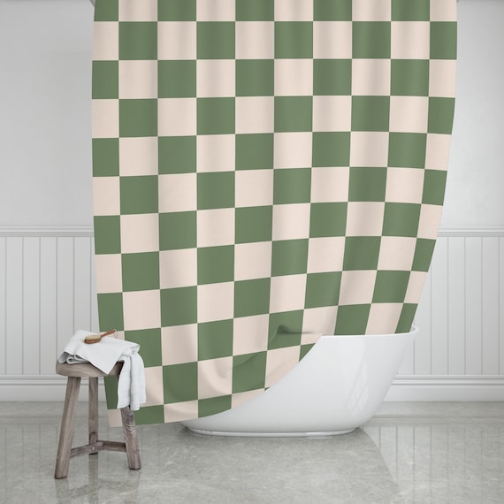 Green Checkered Shower Curtain, Boho Shower Curtain, Farmhouse Shower Curtain, Green Bath Decor, Shower Stall Curtain, Eggshell and Green