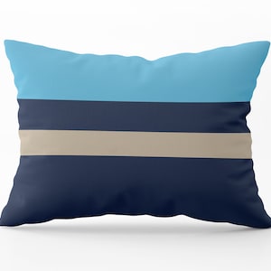 Blue Outdoor Pillow, Outdoor Pillow Modern, Outdoor Pillow with Insert, Striped Pillow, Blue and Tan Outdoor Pillow, Outdoor Lumbar Pillow