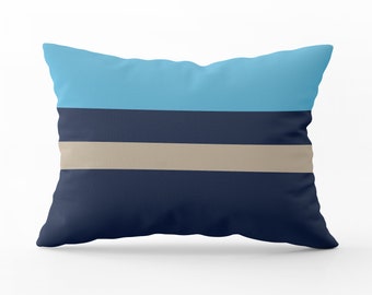 Blue Outdoor Pillow, Outdoor Pillow Modern, Outdoor Pillow with Insert, Striped Pillow, Blue and Tan Outdoor Pillow, Outdoor Lumbar Pillow