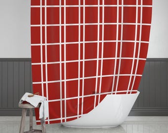 Red Shower Curtain, Checked Pattern, Modern Bathroom Decor (71 x 74 inch)