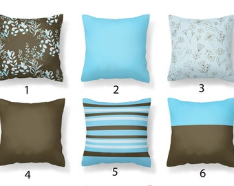 Blue and Brown Outdoor Pillows, Blue Flower Pillows with Insert Included, Blue Striped Outdoor Pillow,16x16, 18x18,20x20, Porch Pillows