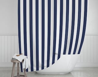 Navy Striped Shower Curtain, Coastal Bathroom Decor
