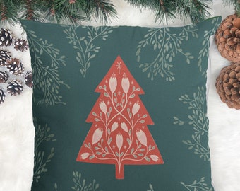 Scandinavian Christmas Tree Pillow, 18x18 Pillow Cover Christmas, Red and Green Christmas Pillow, Nordic Christmas, Green and Red Christmas