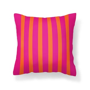 May include: A pink and orange striped cushion. The cushion is rectangular and has a soft, plush texture.