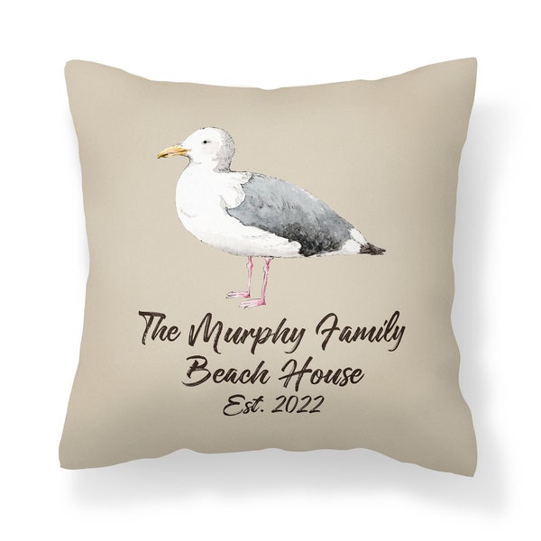 Housewarming Gift for Beach House, Seagull Pillow, Family Name Pillow, Custom Coastal Decor, Beach House Name Pillow, Custom Throw Pillow