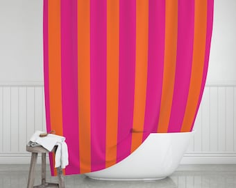 Pink Shower Curtain, Pink and Orange Striped, Cute Shower Curtain, Preppy Shower Curtain, Shower Curtain 71x74 inches, Fun Bathroom Decor
