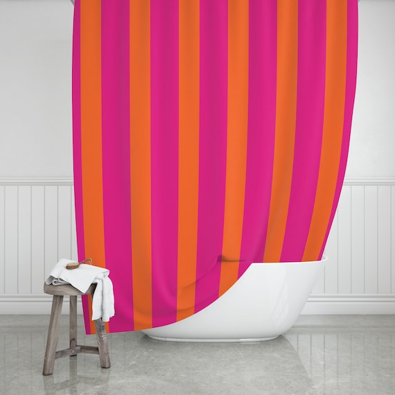 Pink Shower Curtain, Pink and Orange Striped, Cute Shower Curtain, Preppy Shower Curtain, Shower Curtain 71x74 inches, Fun Bathroom Decor