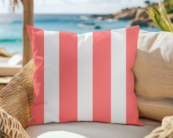 Coral Striped Outdoor Pillow, Waterproof Patio Decor, Insert Included