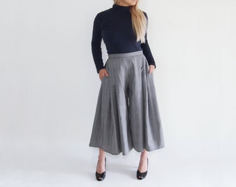 FREE SHIPPING Grey wool wide leg pleated culotte capri palazzo dress pants trousers