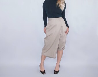 FREE SHIPPING Asymmetrical high waist wrap leg khaki skirt - capri / pants / trousers / skirt / minimalist