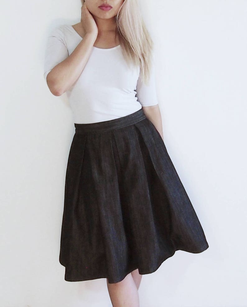 50s vintage a-line pinup preppy Retro style dark Denim jeans pleated skirt