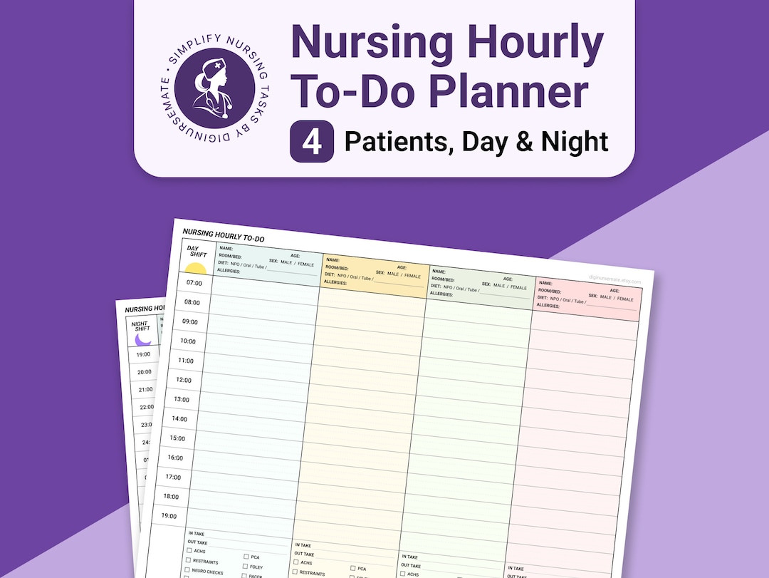Nursing Hourly To-do List Nurse Shift Planner for 4 Patients Nursing ...