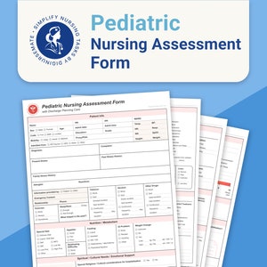 May include: A printable paediatric nursing assessment form with a pink and blue colour scheme. The form includes sections for patient information, allergies, family history, nutrition, and more.