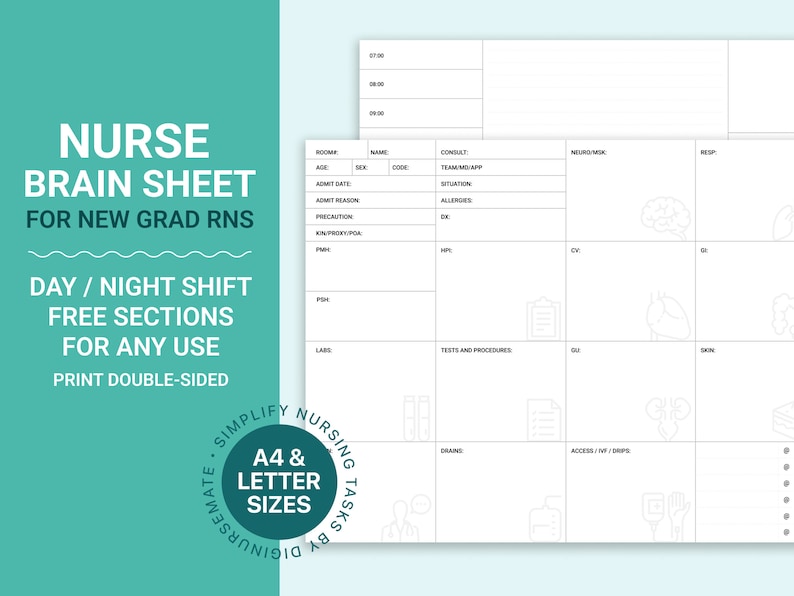 Nurse Brain Sheet Printable New Grad RN Nursing Brain Sheet Report