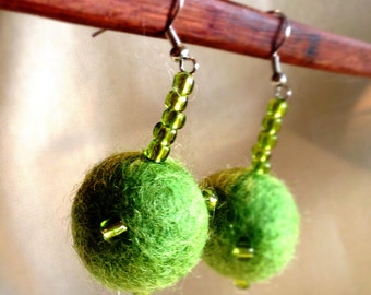 Felt Ball Earrings - Felted Earrings - Beaded Earrings - Dangle Earrings