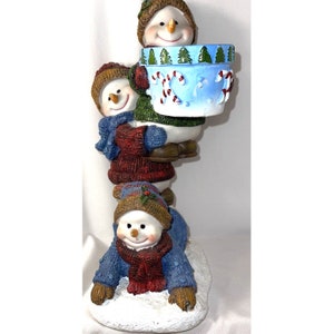 Christmas Ornament Candle Holder Candies Three Snowman Children Sledding Resin
