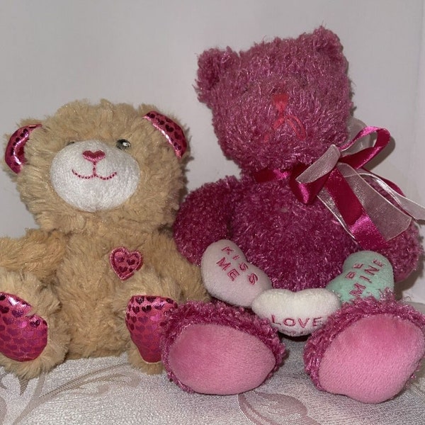 Lot of two Plush Stuffed Animals Teddy Bears Pink Beige Valentines Ribbon Hearts