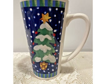 Christmas Mug American Atelier Coffee Cider Tea Eggnog Tree Stars Snow Blue 6"