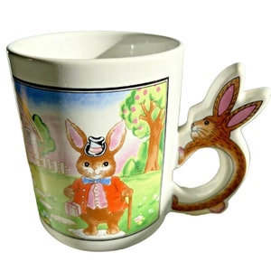 Ceramic Mug Easter Bunny Handle Rabbits Mr. Mrs. Rabbit House Decal White kIds Easter Cocoa Tea Milk