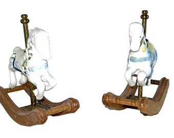 Carnival Horses Lot of 2 Rocking Horse Figurines Gifts Porcelain Wood Brass Vtg.