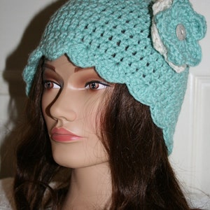 Crochet Cap with Scalloped Edge -  Soft Sage with Soft Sage & Cream Flower - Ready to Ship
