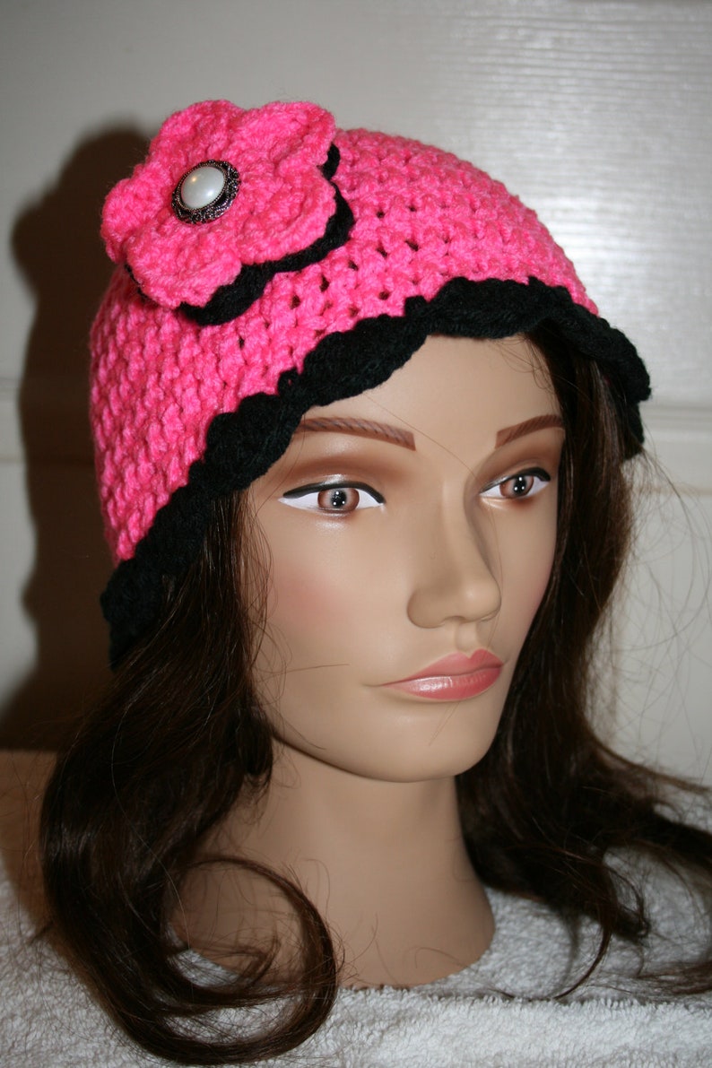 Crochet Pink Knit Hat, Crochet Cap With Scalloped Edge Bright Pink With
