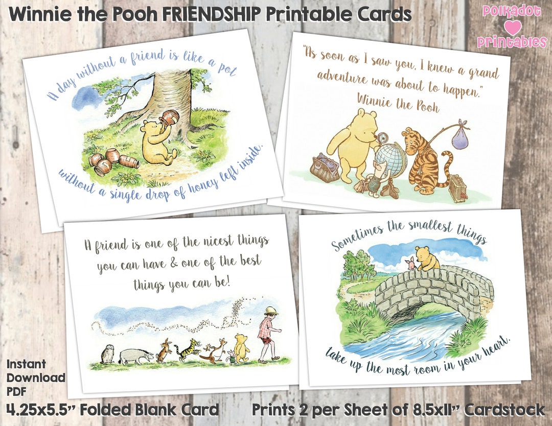 Winnie the Pooh Friendship Quotes Printable Cards Set of 4 Designs