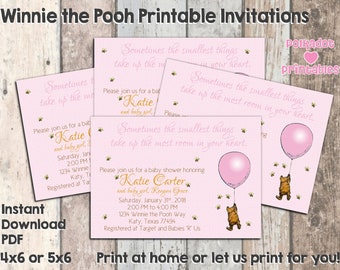 Classic Winnie the Pooh Pink Baby Girl Shower Invitation - 4x6 or 5x7 Digital Printable