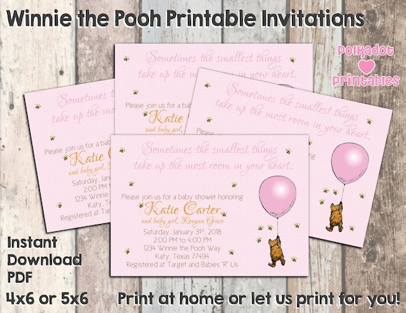 Classic Winnie the Pooh Pink Baby Girl Shower Invitation - 4x6 or 5x7 Digital Printable Il_570xn
