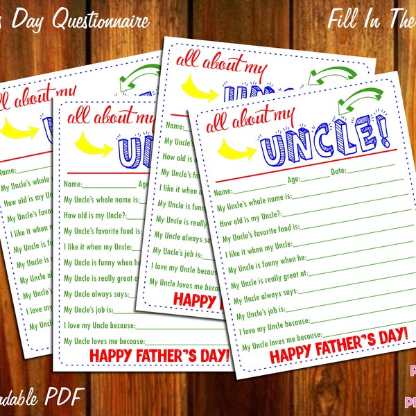 All About My Uncle Father's Day Questionnaire - Instant Downloadable PDF - Fill In The Blank Printable for Kids Dad Daddy Father Pop Grandpa