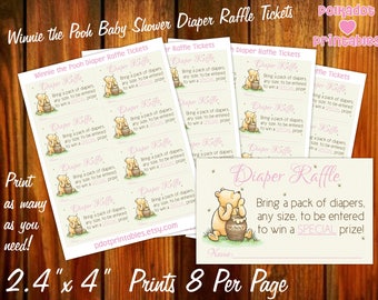 Boletos para la rifa de pañales de Winnie the Pooh Baby Shower - Descarga instantánea en PDF - Imprima tantas tarjetas como necesite en casa de 2,4"x4"
